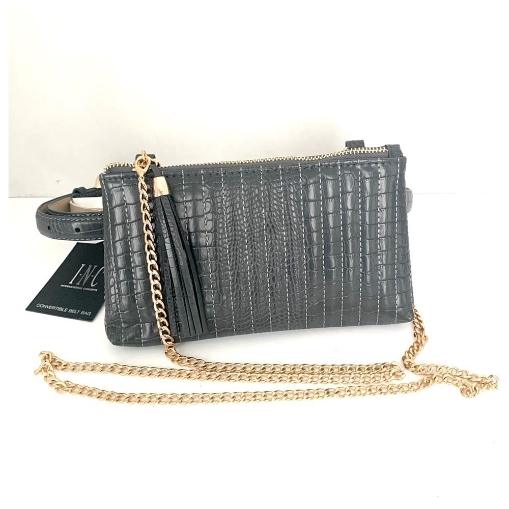 INC Convertible Fanny-Pack- Crossbody Belt Bag Gray Gold Chain Quilted Sz S NWT - Picture 1 of 8